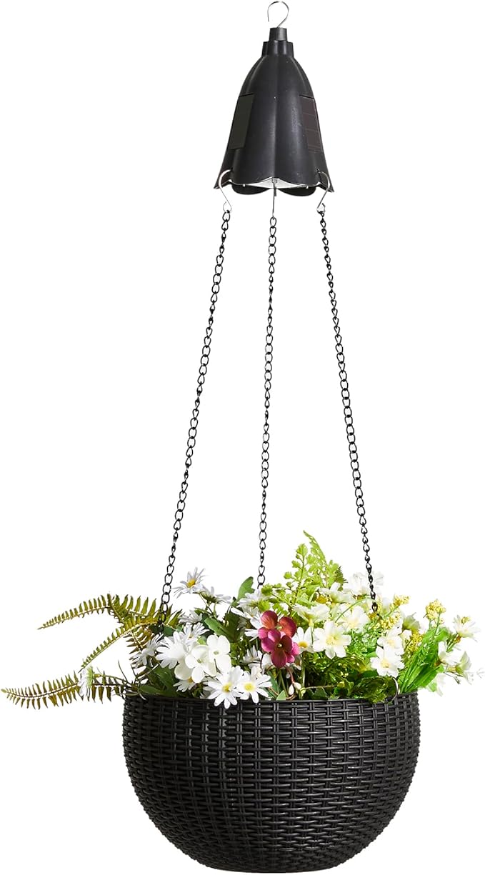 Glitzhome 30" H Plastic Hanging Planter with Solar Lights, Black Plant Basket Hanger with Chain for Outdoor Indoor Plants