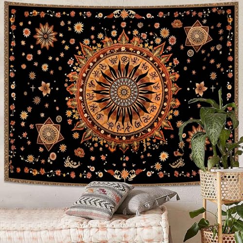 Kanuyee Mystical Sun Mandala Tapestry, Bohemian Celestial Wall Tapestry, Vintage Sunburst Tapestries for Room Decor, Artistic Tapestries 80"x60" - color: Brown Orange, size: 80"L x 60"W