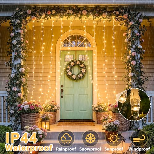 JMEXSUSS 600 LED Curtain Lights Outdoor, 9.5ft x 19.6ft Window Hanging Lights with Remote, Plug in, 8 Modes, Indoor String Lights for Bedroom, Wall, Xmas, Party, Backdrop, Wedding Decor, Warm White - color: *Warm White, size: 600 LED
