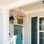 Artificial Daisy Flowers with Hanging Woven Basket, Faux Chrysanthemums in Fake Rattan Planter with Rope, Realistic Floral Arrangement for Home Window Porch Patio Balcony Summer Sweet Decor, Soft Pink