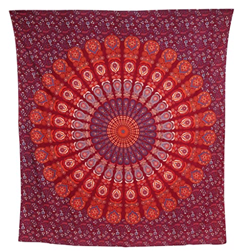 Bless International Handmade Indian hippie Bohemian Psychedelic Peacock Mandala Wall hanging College Dorm Beach Throws Table Cloth Bedding Tapestry (Blue Red, King(88x104Inches)(225x265Cms)) - color: Blue Red, size: 104"L x 88"W