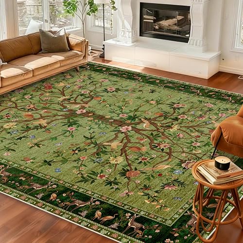 Green 8x10 Area Rugs, Machine Washable Non-Slip Rug, Boho Floral Botanical Soft Low Pile Throw Rugs for Living Room, Bedroom, Dining Room, Office - color: Green, size: 10' x 8' (Rectangular)
