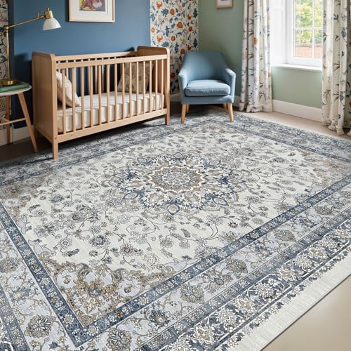 Farmhouse 6x9 Nursery Rug, Low Pile & Non Slip Area Rug for Living Room, Bedroom, Dining Room Table, Blue and Grey High Traffic - Non Shedding & Stain Resistant Soft Carpet, Faded Print Accent Mat - color: Blue / Grey / Brown, size: 6' x 9' (Rectangular)