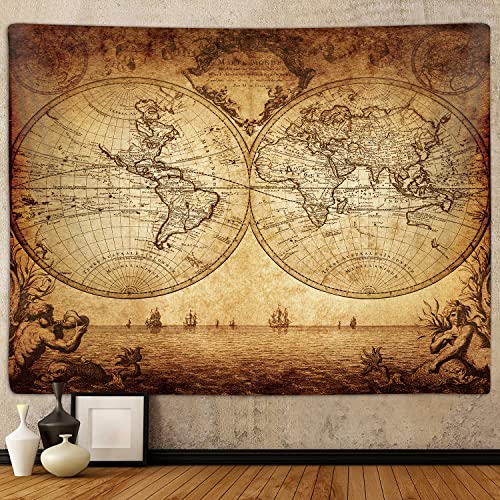 Old World Map Tapestry for Bedroom, Vintage Nautical Maps of the World Art Large Tapestries Wall Hanging for College Dorm Living Room Office Decor 80X60", Brown Pirate Treasure Map Poster Blanket - color: Map-1, size: 60"L x 80"W
