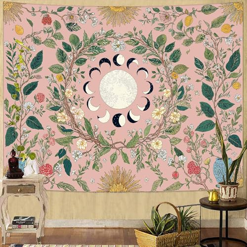 Wegklazax Moon Phases & Floral Tapestry, Aesthetic Botanical Wall Art for Room Decor, Pink Bohemian Home Decor 60" L x 44" W - color: Pink, size: 60"L x 44"W