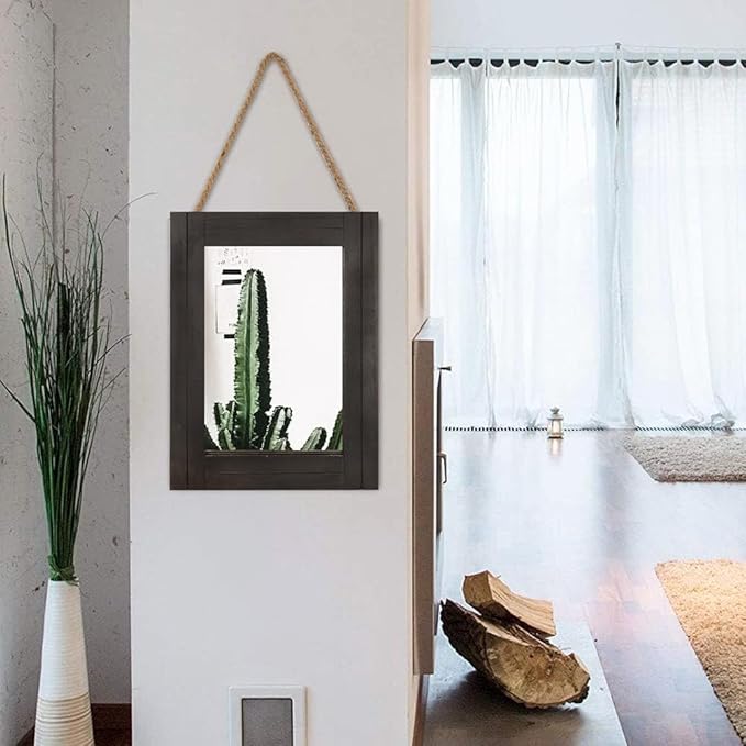 DECORKEY Rectangle Wall Mirror for Bathroom, Distressed White Wood Decor with Hanging Rope for Rustic Home Decor, Vanity, Living Room 12"×16"（Black）