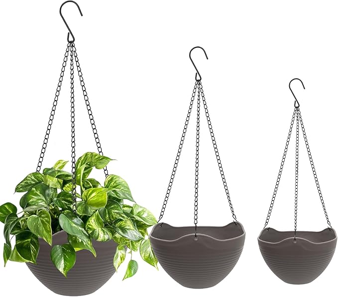 Hanging Planters for Indoor Plants 3 Pack - 7/8/10 Inch Plastic Hanging Pots with Water Sieve Mesh, Small Hanging Pots for Home Garden, Porch, Balcony & Patio Decor, Black