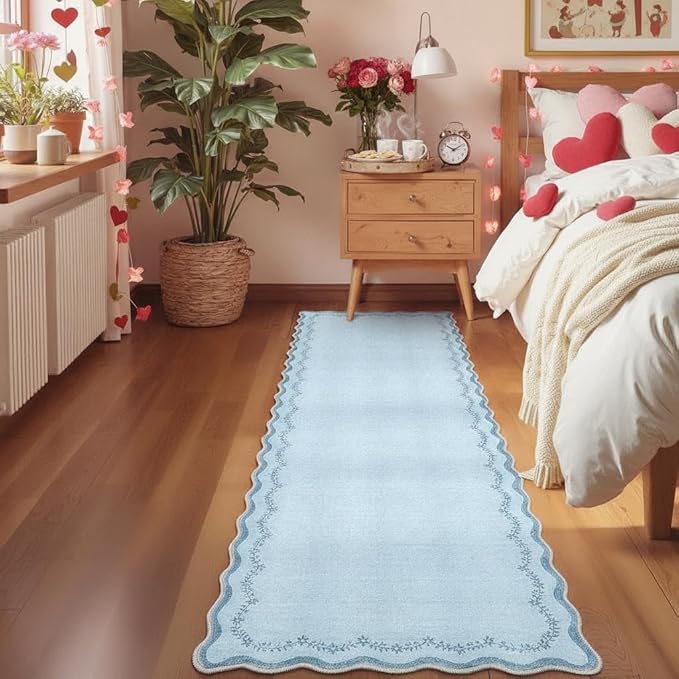 GarveeHome 2x6 Valentines Scalloped Washable Runner Rug for Kitchen, Soft Blue Hallway Runner Non Slip Entryway Rug Farmhouse Thin Laundry Mat Stain Resistant Carpet for Bedroom Bathroom Beside Rug