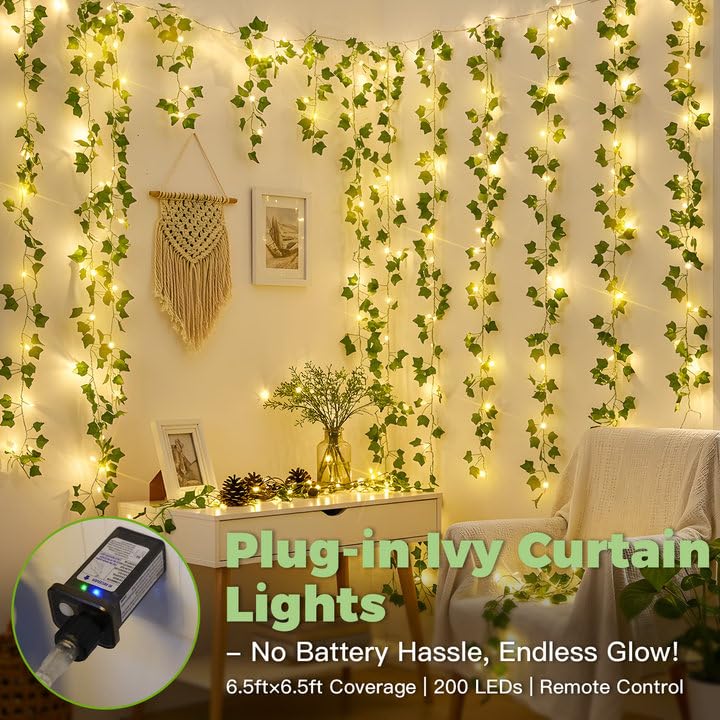 suddus 200 LED Vine with Light Plug in, 6.5ft x 6.5ft Ivy Fairy Curtain Lights with Remote, Leaf Fairy Lights for Wall,Bedroom, Dorm, Wedding, Party, Indoor Decor(Warm White) - color: Ivy, size: Plug In-200led
