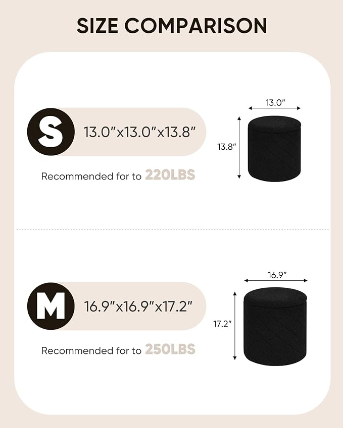 B FSOBEIIALEO Ottoman with Stroage, Boucle Round Storage Ottoman with Tray, Foot Rest Stool for Dorm Room, Living Room Black, 16.93"x16.93"x17.72"
