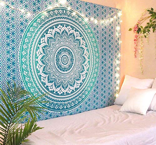 ANJANIYA Ombre Wall Hanging Bohemian Tapestry, Metallic Wall Art Bedspread, Psychedelic Hippie Mandala Dorm Décor for Hanging, Bedding, Beach Coverlet Curtain, Green, 54"X60" - color: Green, size: 60"L x 54"W