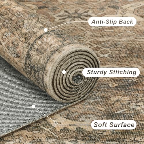 Brown Vintage Washable Runner Rugs for Hallway Kitchen Boho Hallway Rug Low Pile Non-Slip Retro Distressed Accent Throw Carpet for Entryway Bathroom Bedroom Beige - color: Brown, size: 2'*6'(Runner)