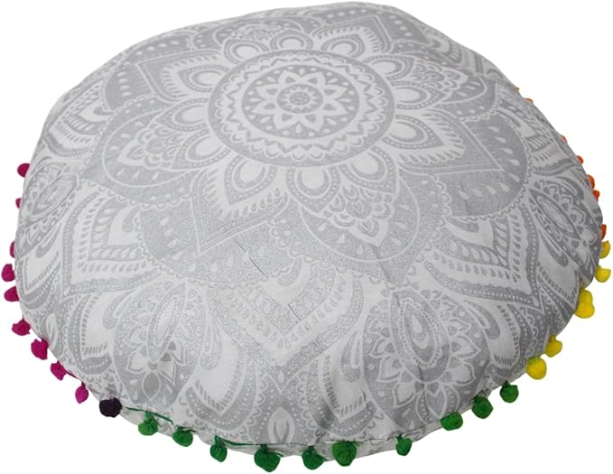 CRAFT KALA 22" Bohemian Floor Pillow Pouf Cover Mandala Boho Large Round Meditation Room Pillow Covers for Adults Seating Poufs Cushion Cover for Kids Playroom Silver Flower