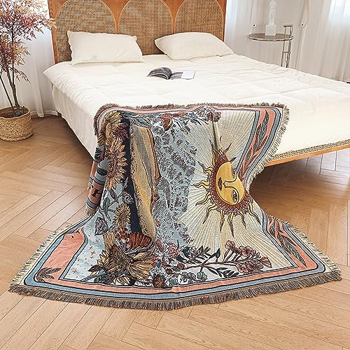 Boho Throw Blanket Reversible Cotton Bohemian Tapestry Hippie Room Decor Double Sided (Boho The Sun 50"x60") - color: Boho the Sun, size: 50*60 inch