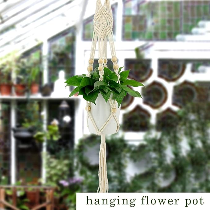 Hanging Planter, Macrame Plant Hanger, Indoor/Outdoor, Large, White, Round, Boho Style