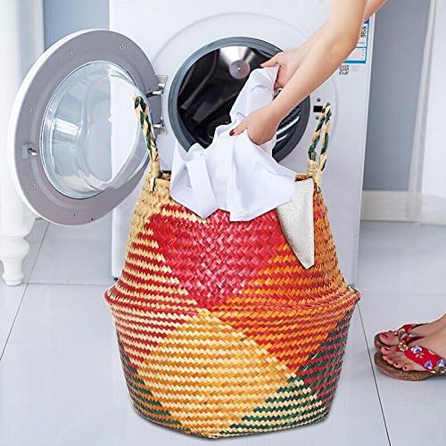 Natural Seagrass Basket - BESTCHANCEUS Seagrass Belly Basket with Handles Handmade Foldable Tote for Storage,Laundry, Picnic, Plant Pot Cover, and Beach Bag Colorful 29x26CM