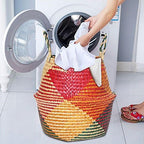 Natural Seagrass Basket - BESTCHANCEUS Seagrass Belly Basket with Handles Handmade Foldable Tote Basket for Storage,Laundry, Picnic, Plant Pot Cover, and Beach Bag Colorful 32x28CM