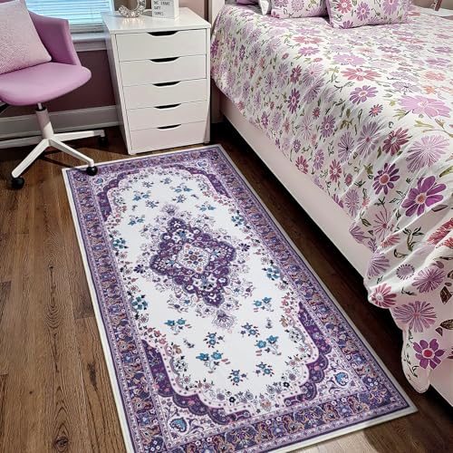 HOMORE Vintage Runner Rug-2x4 Hallway Runner Rug for Entryway Non Slip Washable Bedroom Rug Faux Wool Lavender Floor Carpet Runner for Kitchen Indoor Front Entrance Laundry Living Room Dorm, Purple - color: Purple, size: 2' x 4' (Rectangular)
