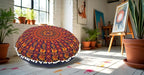 Round Mandala Floor Pillow Cover Seating Cushion Throw Cover Hippie Decorative Bohemian Ottoman Pouf Cover, Pom Pom Pillow Cases,Boho Indian 22 Inches (Orange)
