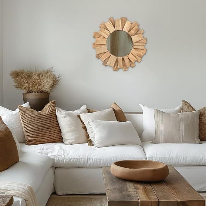 Rustic Driftwood Round Wall Mirror – Natural Wooden Frame Decorative Mirror for Farmhouse Coastal Boho Home Décor – 12" Sizes for Bathroom, Living Room, or Entryway