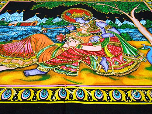 Radha Krishna Religious Cotton Batik Wall Hanging sequins Painting : Size 43"x30" Inches - color: Radha Krishna