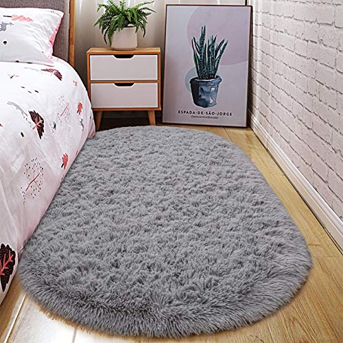 junovo Ultra Soft Washable Shaggy Rug - Non-Slip Oval Carpet for Nursery, Kids Bedroom & Home Decor (2.6x5.3ft Grey) | Plush Fluffy Floor Mat for Cozy Living Spaces - color: Grey, size: 2.6' x 5.3'