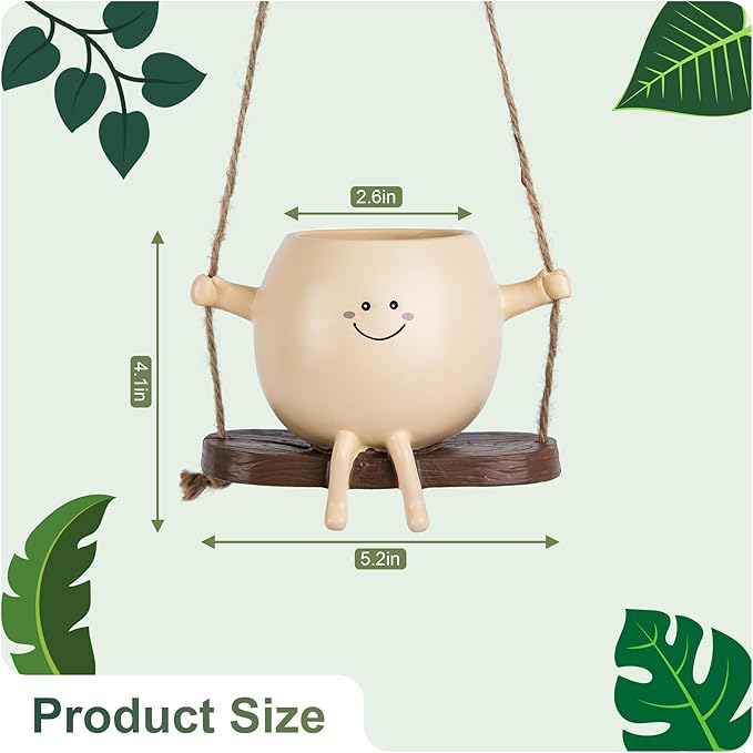 Small Hanging Planter for Indoor Outdoor Plants, Glossy Swing Smiley Face Planter Pot Head, Cute Hanging Flower Pot for String of Pearls Plant Live, Unique Happy Resin Succulent Pot