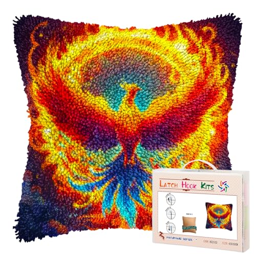 DIY Latch Hook Pillow Kits Phoenix Flying Colorful Flames Printed Pillowcase Crochet Yarns Hooking Handmade Pillow Cover Cushion for Home Sofa Decoration 17x17inch-2 - color: 08-Phoenix