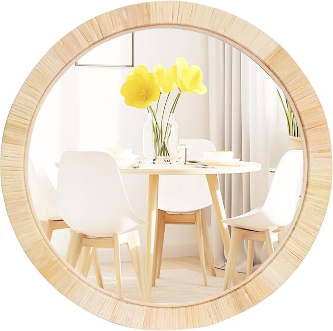 Rattan Mirror,Round Boho Bathroom Mirror for Wall,24" Circle Wicker Vanity Mirror for Nursery Décor,Coastal Farmhouse Wood Mirror for Bedroom Entryway Living Room