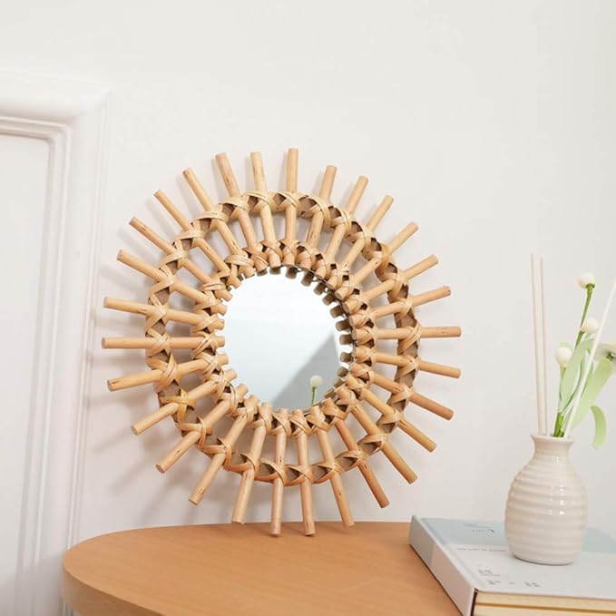 OYPEIP 22" Large Natural Rattan Sunburst Bohemian Hanging Glass Decor,Rustic Handwoven Innovative Art Decoration Round Makeup Mirror for Dressing Living Room Bedroom Bathroom Corridor,Entryway