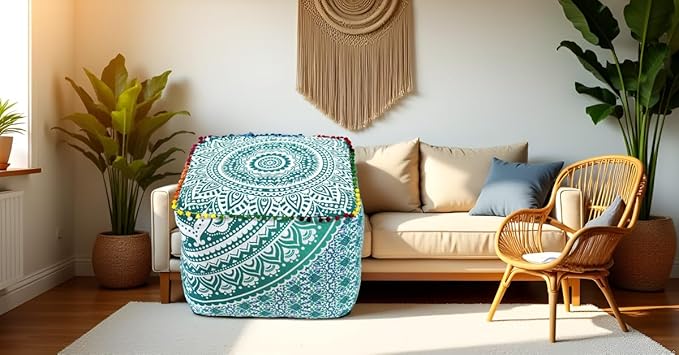 CRAFT KALA Mandala Meditation Floor Pillows Square Pillow Cover Seating Hippie Decorative Adults Bohemian Floor Cushion Cover Outdoor Living Room Throw Ottoman Poufs Cover 20X20X14 inches, Green Ombre