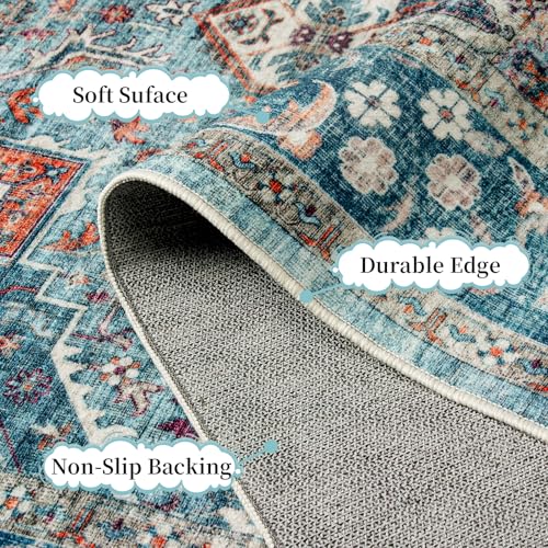 Amearea Vintage Design Blue Area Rugs for Living Room, 4x6 Machine Washable Floral Collection Traditional Bedroom Rug, Low Pile Dinning Room Carpet, No Slip Office Kitchen Home Decor, Light Blue - color: Light Blue, size: 4' X 6' (Rectangular)