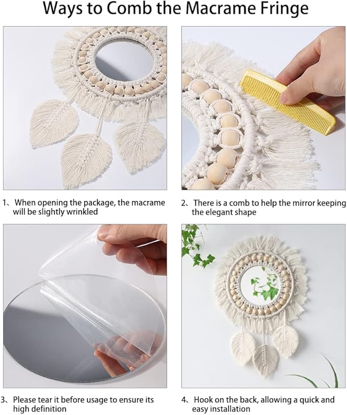 Artilady Macrame Hanging Wall Mirror - Boho Fringe Round Handmade Decorative Acrylic Mirror for Apartment Living Room Bedroom Baby Nursery Home Decor (Leaf)