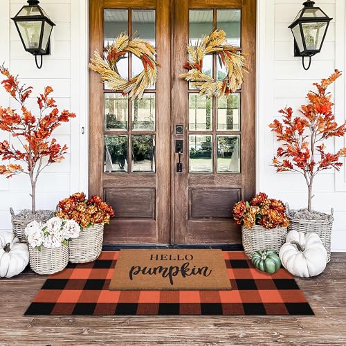Orange and Black Plaid Rug, 24'' x 51'' Fall Outdoor Front Door Decor Mat, Cotton Washable Hand-Woven Rug for Layered Doormat, Autumn Halloween Thanksgiving Carpet for Porch, Entryway - color: Orange & Black Plaid, size: 2' x 4'3" (Rectangular)