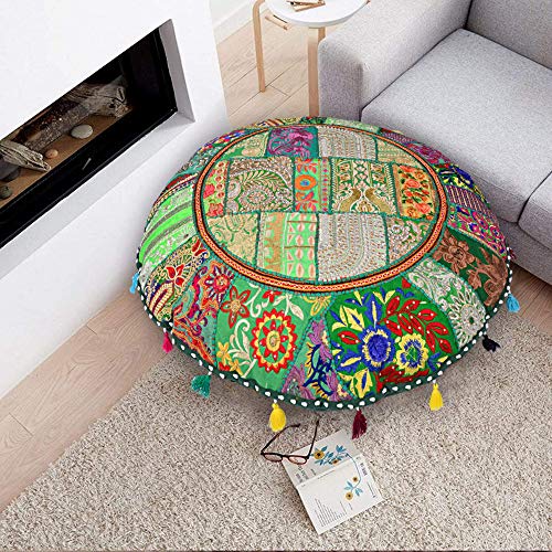 Rajasthani Handmade Colorful Decorative Floor Pillow Cover Meditation Patchwork Patchwork Cushion Seating Accent Boho Chic Indian Handmade Cover ONLY (Green, 32X32 Inches) - color: Green