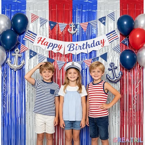 Blue Silver Red Party Streamers - GREATRIL Patriotic Tinsel Foil Fringe Backdrop Decorations for 4th of July/Independence Day/Memorial Day Party Supplies 3.2ft x 8.2ft 2 PCS - color: Blue Silver Red