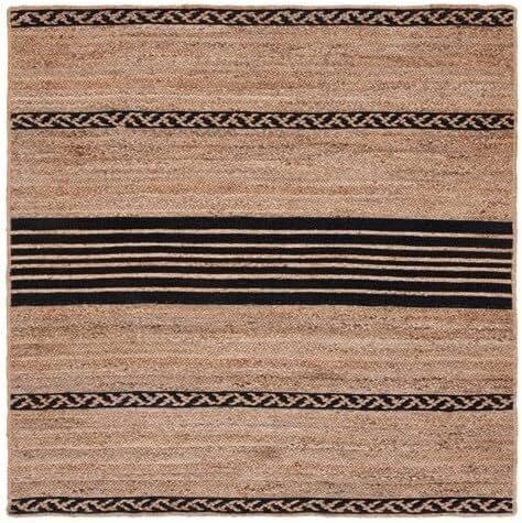 SAFAVIEH Natural Fiber Collection Area Rug - 6' Square, Natural & Black, Handmade Stripe Boho Farmhouse Rustic Braided Jute, Ideal for High Traffic Areas in Living Room, Bedroom (NFB262Z)