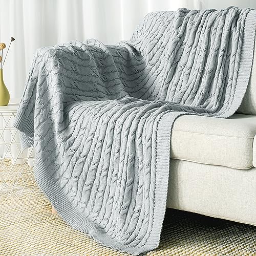 Carriediosa Cable Knit Throw Blanket Soft Textured Lightweight Farmhouse Decorative Throws Summer Knitted Woven Chenille Blankets for Couch Chair Bed Sofa, 50" X 60" Light Grey - color: Cable Knit - Light Grey, size: 50" X 60"