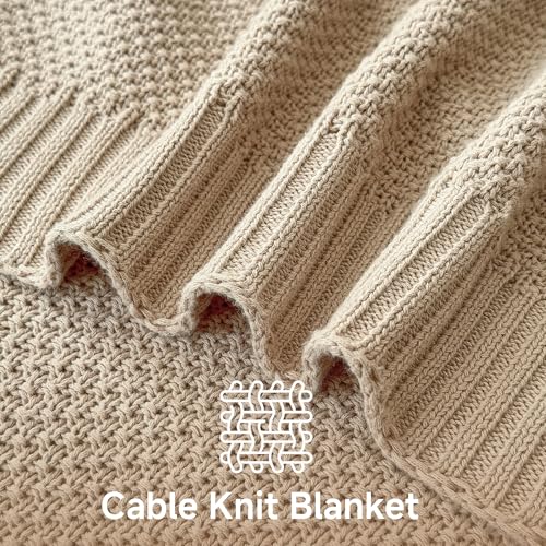 Simple&Opulence 100% Cotton Blanket King Size, Solid Color Cable Knitted Blanket Super Soft Comfortable Breathable Decorative Farmhouse for Couch Sofa Bed, All Season Use(Light Khaki,104x90) - color: Light Khaki, size: King Size 104x90"