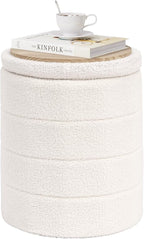 PINPLUS Round Storage Ottoman Foot Rest Stool with Tray Velvet Sherpa Folding Storage Ottoman,Boucle Foot Rest for Living Room, Bedroom, Dorm（White）