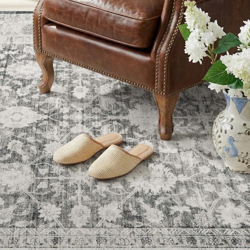 jinchan 2x3 Washable Vintage Floral Rug, Distressed Traditional Entryway Rug, Soft Low-Pile Non-Slip Accent Mat for Indoor Foyer, High-Traffic Kitchen Sink Laundry Room, Grey - color: Oriental Grey, size: 2' x 3' (Rectangular)