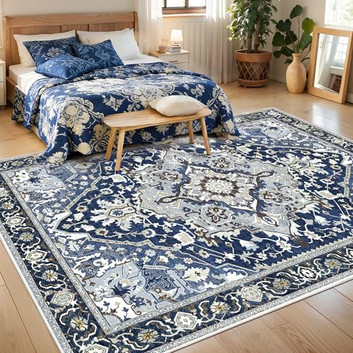 5x7 Blue Boho Area Rug Washable Non-Slip - Low Pile Farmhouse Living Room Bedroom Rug - Machine Washable Medium Indoor Carpet with TPE Backing, Vintage Easy Clean, Navy Blue Multi - color: Navy Blue& Multi, size: 5' x 7' (Rectangular)