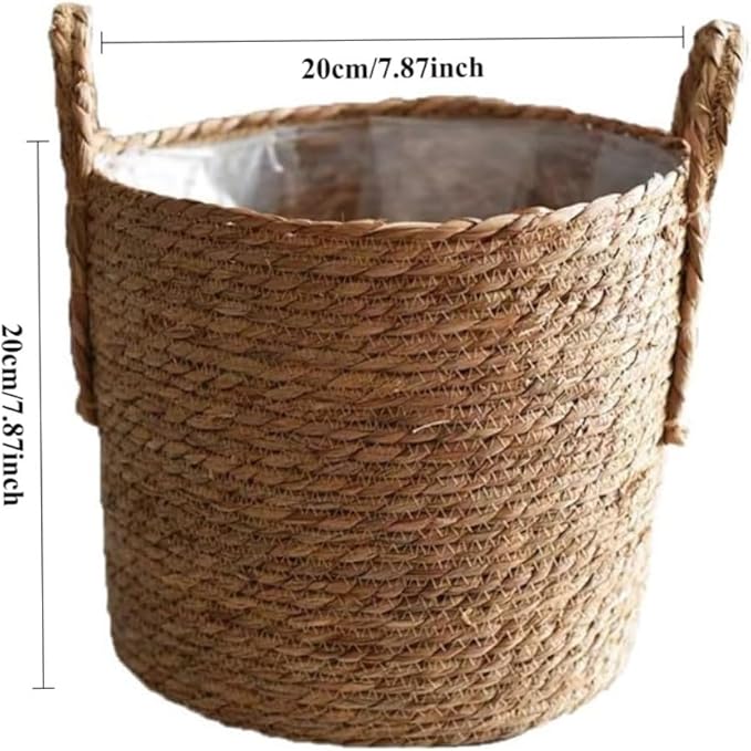 7 inch Seagrass Handmade Wicker Planter Basket with Handle for Indoor Plants Succulent Pot, Multipurpose Hand Woven Storage Basket Flower Pot for Home Decor, Living Room Storage Basket (7.87''X7.87'')