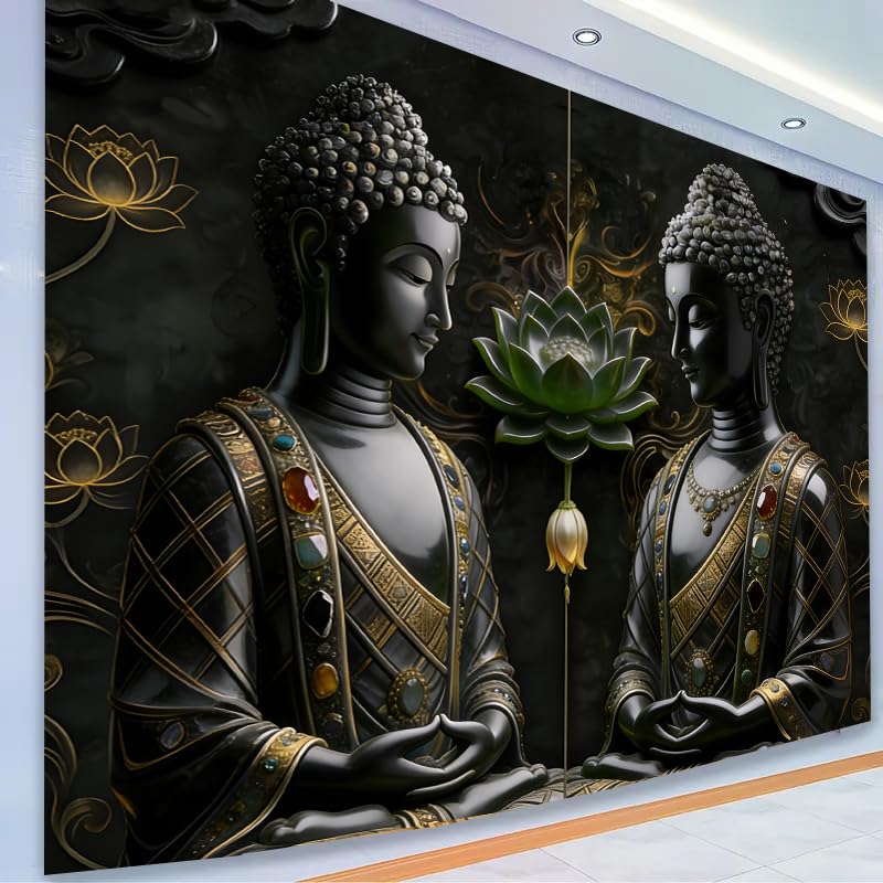 FENDROM Black Vintage Sitting Buddha Tapestry Wall Hanging Buddhist Statue Tapestries Green Lotus Meditation Wall Decor Psychedelic Indian Zen Art for Bedroom Living Room Home Decor - color: Black2, size: 79"L x 59"W