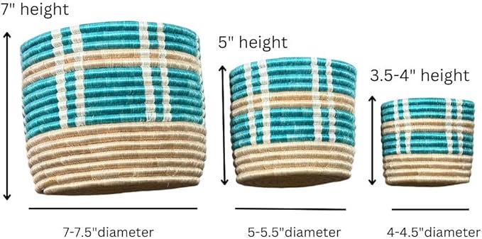 African Planter Baskets Sets of 3 Woven Sisal Baskets for Indoor Plant Pots Covers Home Decor Storage Organizer Gifts Zen Designs Arts and Crafts (Turquoise and Biege)