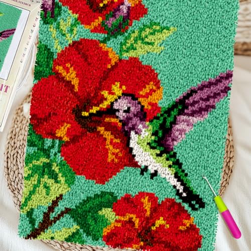 ORIGACH Hummingbird Latch Hook Rug Kit for Adults Printed Rug Making Kit Handmade Carpet Tapestry Cover with Hook Latch and Preprinted Canvas, Home Arts Crafts Sofa Decor, 20.5x15inch - style: Hummingbird
