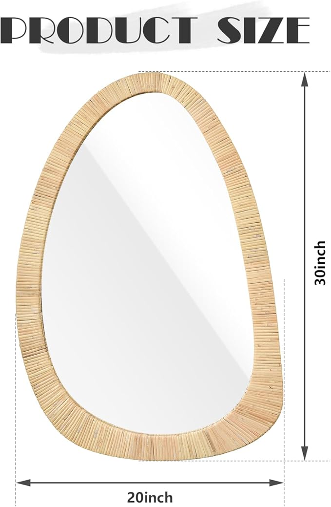 sawsile Rattan Mirror,30x20 Irregular Boho Bathroom Rattan Farmhouse Wicker Asymmetrical Wood Wall Mirror for Nursery,Bathroom,Living Room,Washroom