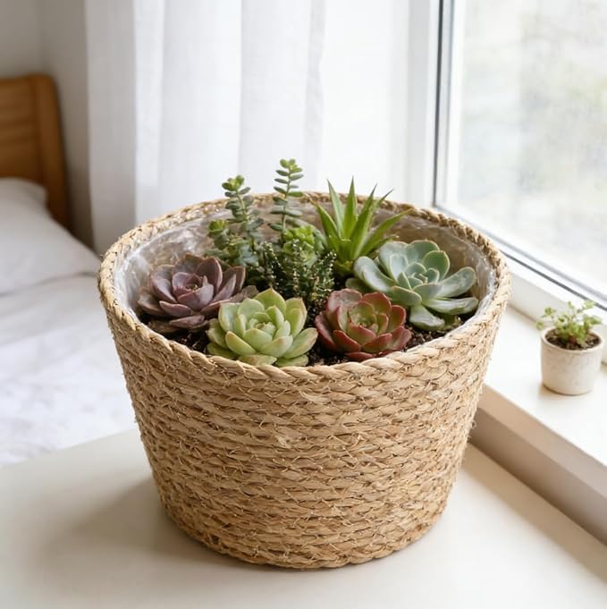 Home Decor Woven Straw Flower Pot Seagrass Planters Basket Garden Plant Pot Containers Wicker Rattan Vase Sundries Organizer Storage Bins for Indoor Outdoor Plants Vintage Decor