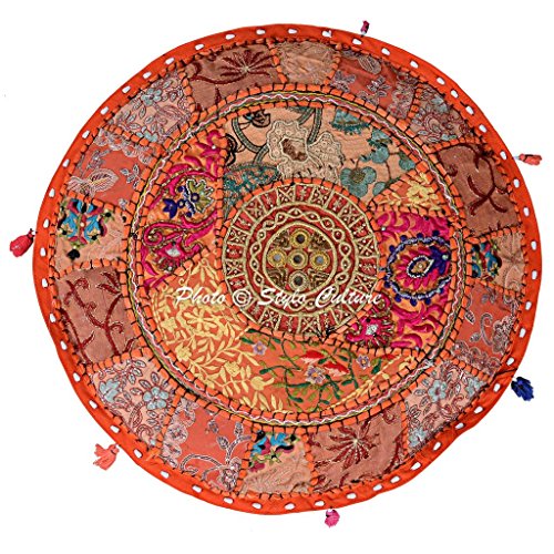 Indian Round 18" Patchwork Embroidered Ottoman Stool Pouf Cover Cotton Orange Floral Furniture Living Room Pouffe Bean Bag Home Decor - color: Orange