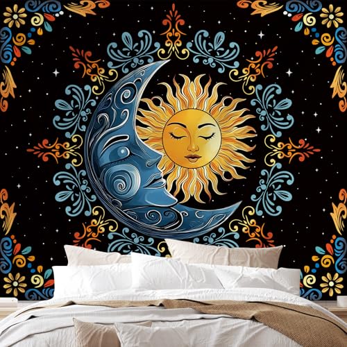 Tichgeim Sun and Moon Tapestry Wall Hanging, Boho Hippie Vintage Celestial Starry Sky Tapestries, Flower and Stars Wall Decor for Bedroom Living Room and Dorm 51in × 60in - color: Sun and Moon Tapestry, size: 60"L x 51"W